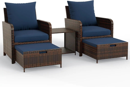 Balcony Furniture Patio Chairs with Hidden Ottoman Five Piece Set with Side Table for Front Porch Blue Cushion - Wild Paw Outdoors