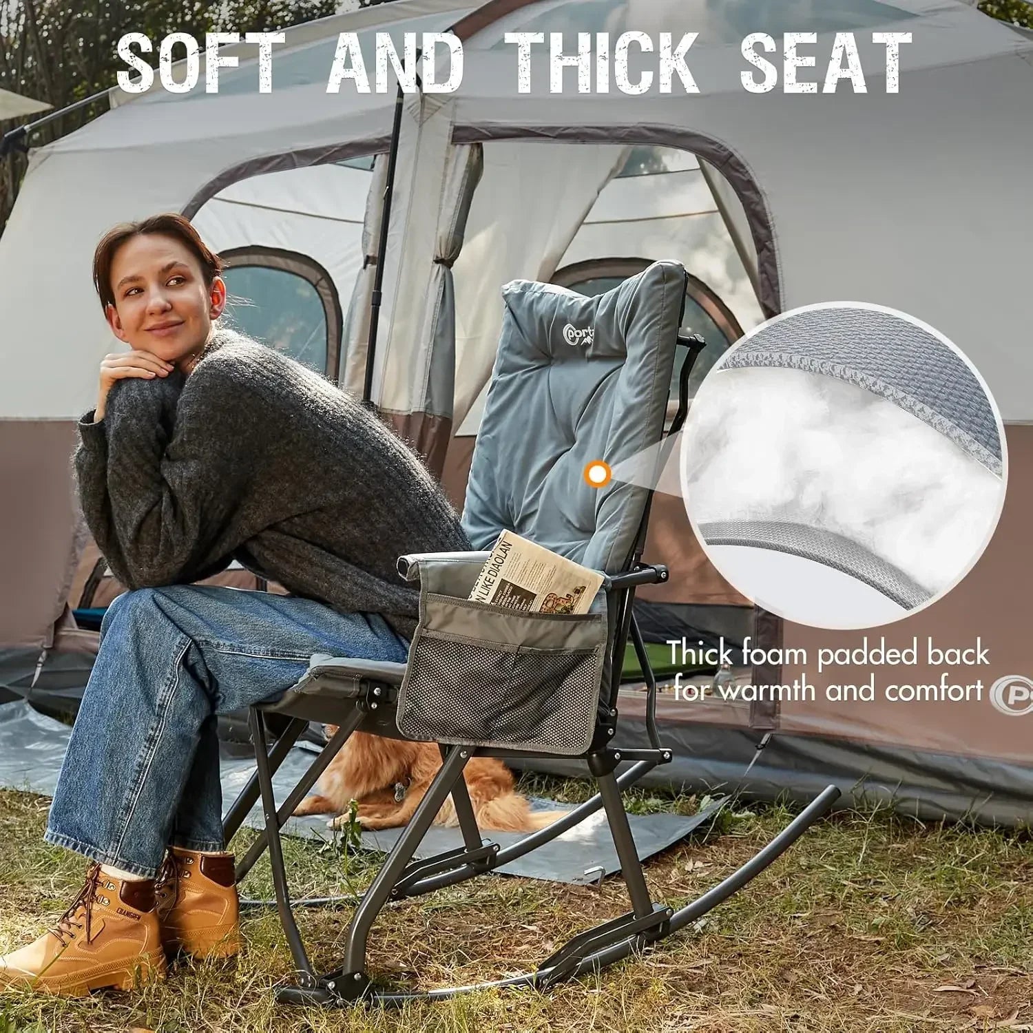 Folding Rocking Chair Indoor and Outdoor Thick Padded Recliner Portable Camping Rocker for Patio Front Porch Grey - Wild Paw Outdoors