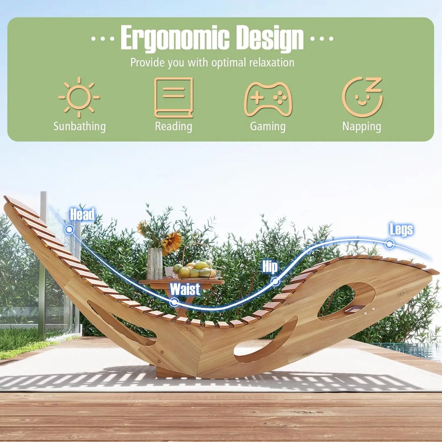 Outdoor Acacia Wood Chaise Lounge Chair Set of 2 Rocking Sun Lounger with Slatted Backrest and Seat - Wild Paw Outdoors