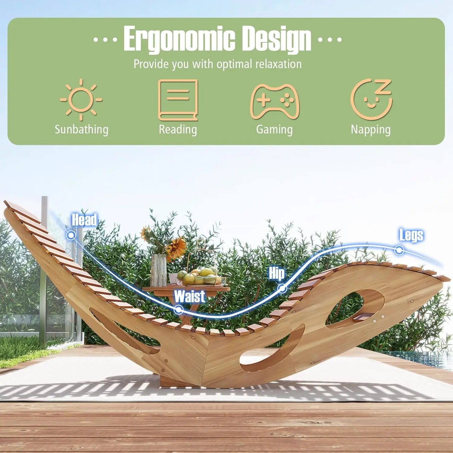 Outdoor Acacia Wood Chaise Lounge Chair Set of 2 Rocking Sun Lounger with Slatted Backrest and Seat - Wild Paw Outdoors
