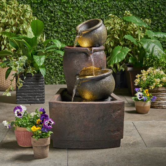 3 Tier Bochas Fountain Rustic Brown Outdoor Waterfall LED - Wild Paw Outdoors