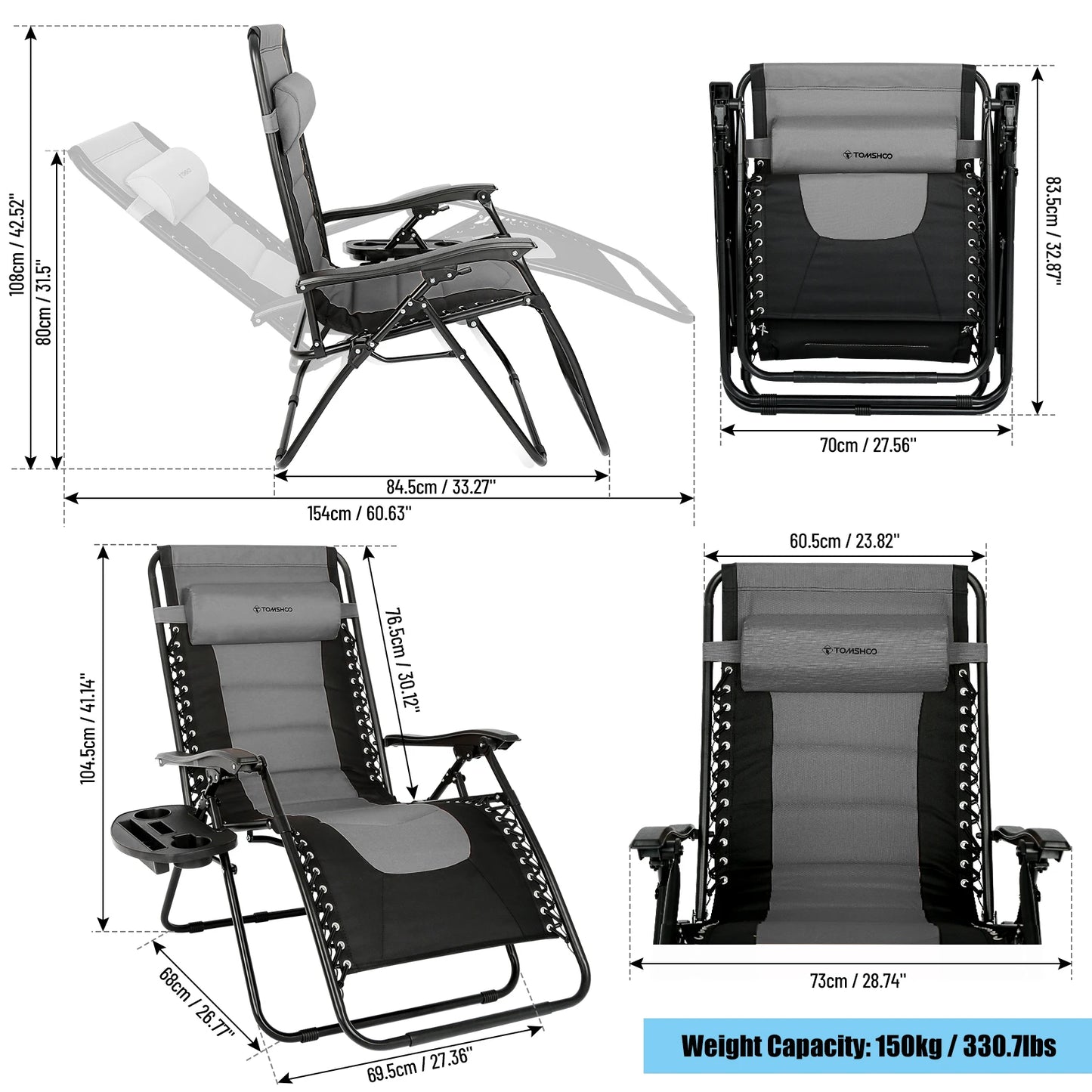 Lounge Chair Folding Waterproof Outdoor Chair Oxford Cloth Padded Adjustable Patio Recliner with Headrest and Detachable Side Holder - Wild Paw Outdoors