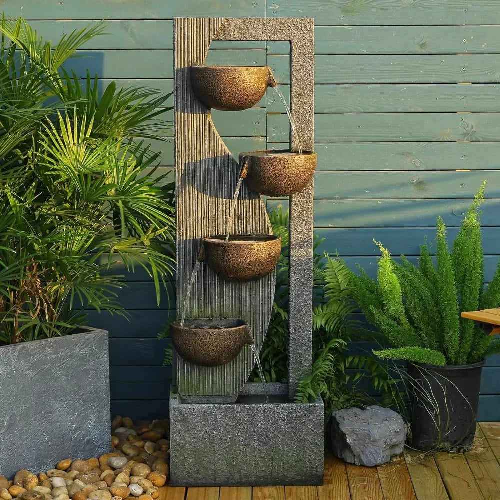 Outdoor Cascading Bowl Waterfall Fountain 49.2 Inches Tall with LED Lights Pump and Natural Stones for Garden - Wild Paw Outdoors