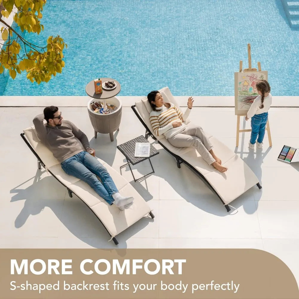 Patio Chaise Lounge Set Outdoor Rattan Adjustable Back Cushioned Folding Lounger with Table - Wild Paw Outdoors