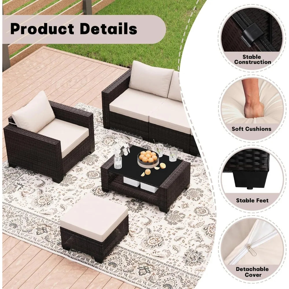 Patio Furniture Set 7 Pieces Wicker Outdoor Sectional Sofa with Ergonomic Armrests and Cushions - Wild Paw Outdoors