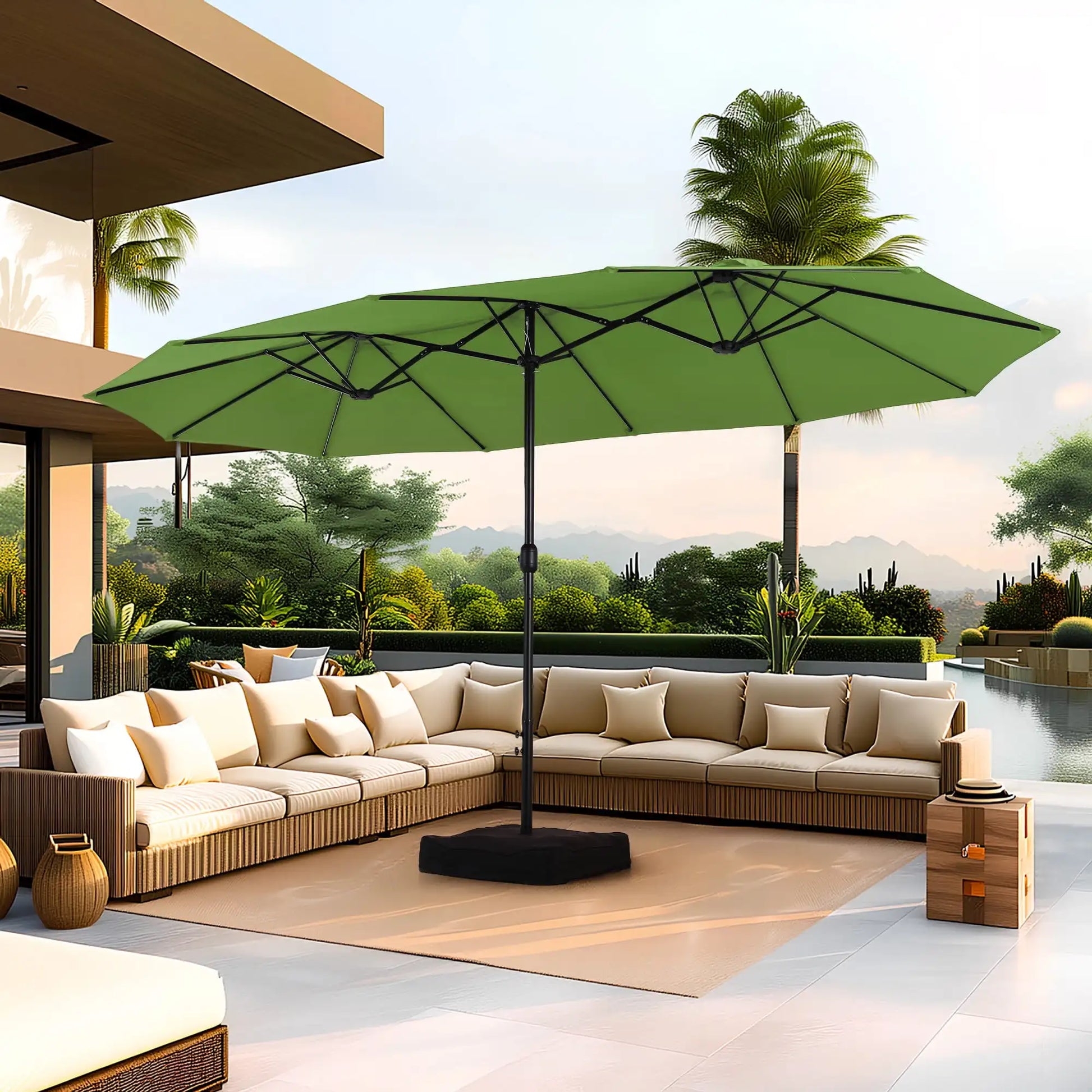 15 Ft Large Patio Umbrella with Base Double Sided Rectangular Outdoor Deck Umbrella Beige - Wild Paw Outdoors