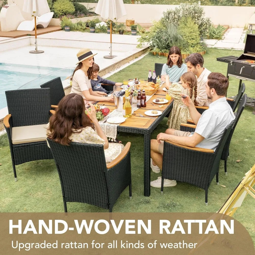 Outdoor Patio Dining Set 9 Pieces Wicker Dining Table and Chairs with Acacia Wood Top and Widened Armrests - Wild Paw Outdoors