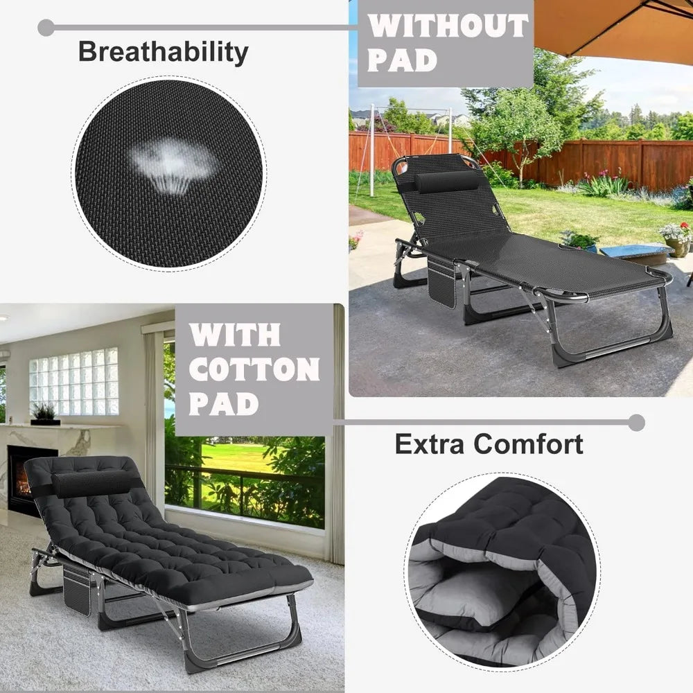 Outdoor 5 Position Folding Chaise Lounge Chair with Pad Portable Beach Lounge Chair for Sunbathing Patio Pool Lawn Deck - Wild Paw Outdoors