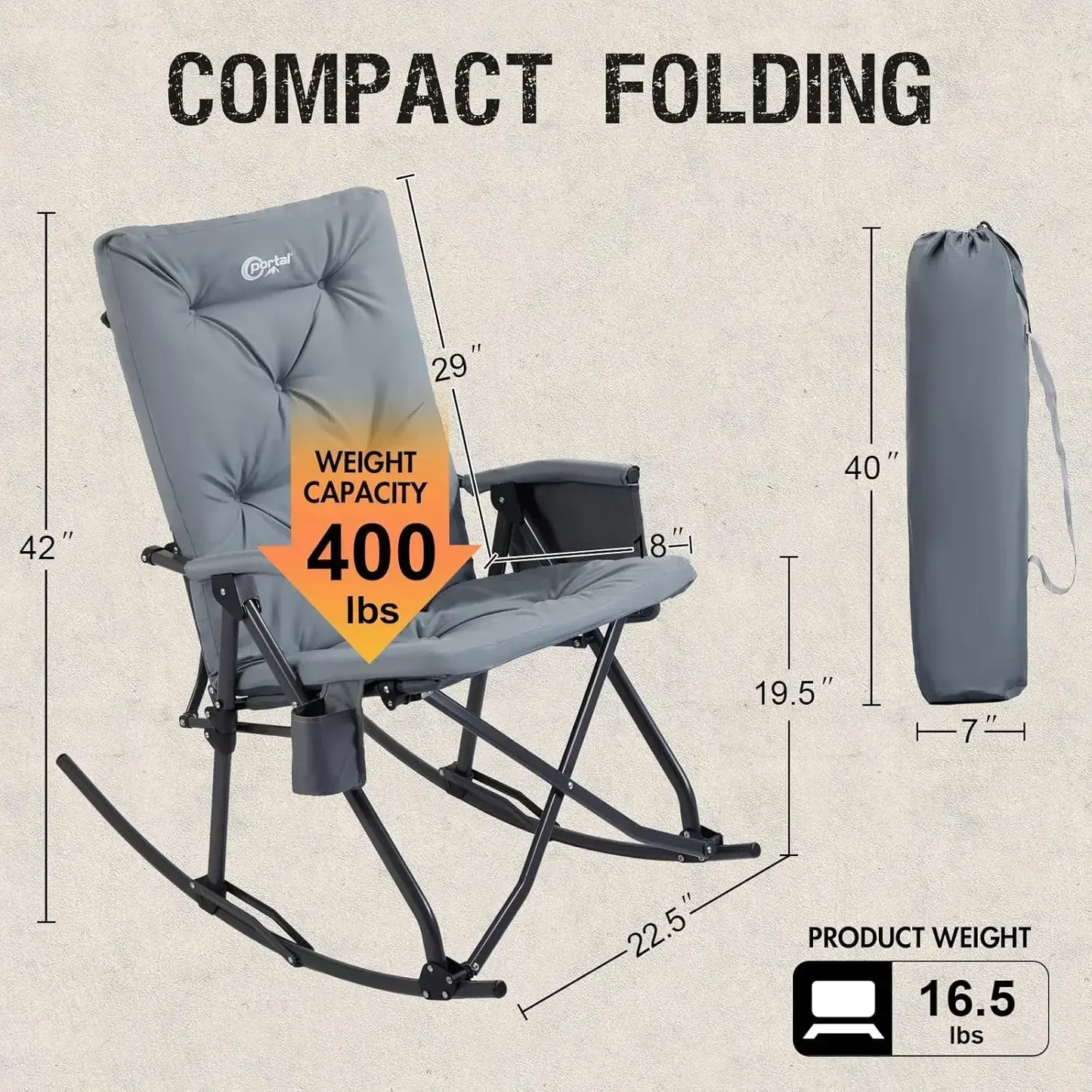 Folding Rocking Chair Indoor and Outdoor Thick Padded Recliner Portable Camping Rocker for Patio Front Porch Grey - Wild Paw Outdoors