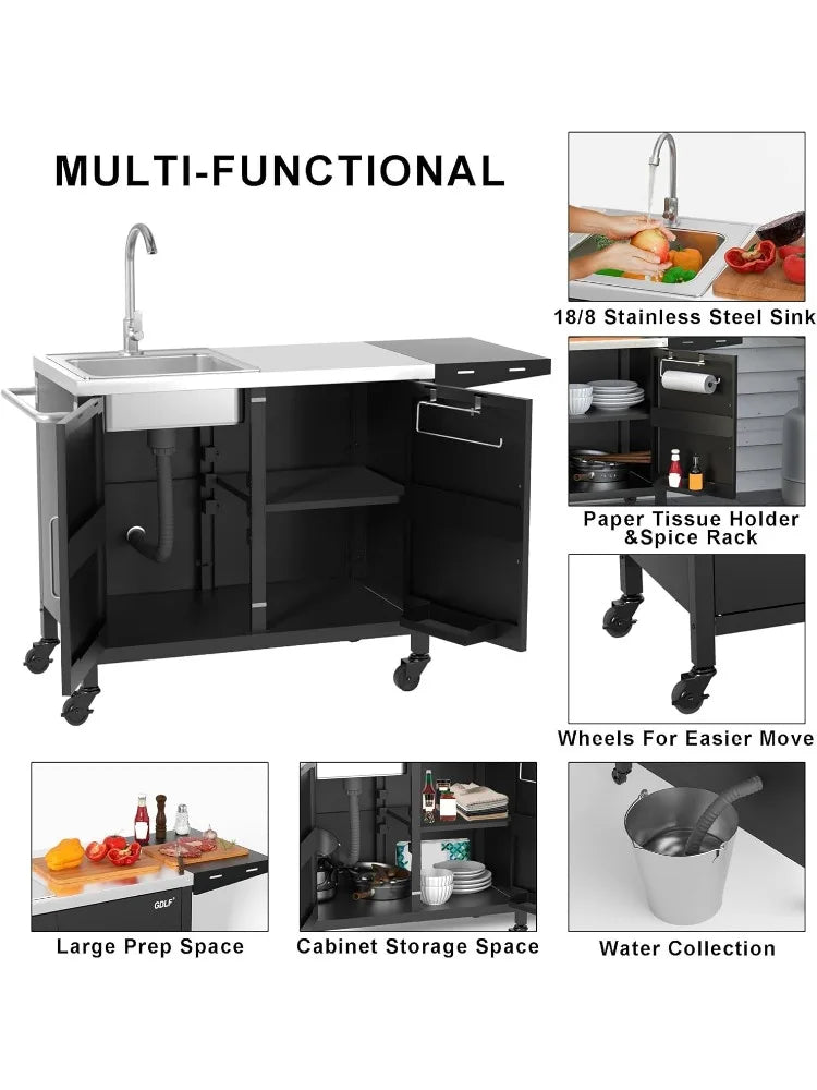 Outdoor Grill Table with Sink Metal Grill Cart Outdoor Kitchen Island with Stainless Steel Sink 57 Inch by 21.65 Inch - Wild Paw Outdoors