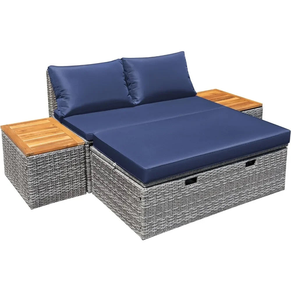 Outdoor Daybed Set Multifunctional Patio Day Bed Rattan Lounge Bed with Two Side Tables for Backyard Porch Poolside Lawn Beach - Wild Paw Outdoors