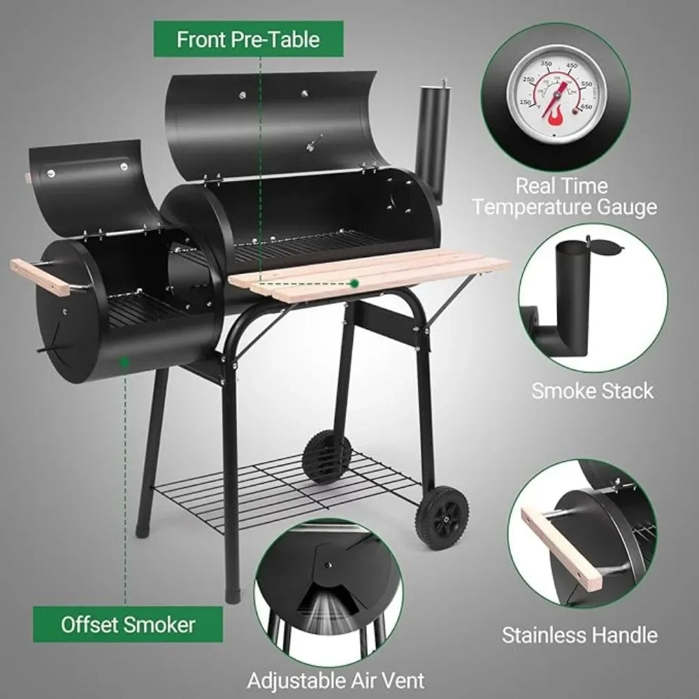 Charcoal Grill and Offset Smoker Outdoor Patio Barbecue Cooker with Wheels Portable Backyard BBQ Oven with Side Fire Box - Wild Paw Outdoors