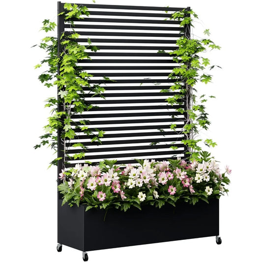 Metal Planter Box with Trellis Privacy Screen Raised Garden Bed with Wheels Modern Outdoor Planters for Patio - Wild Paw Outdoors