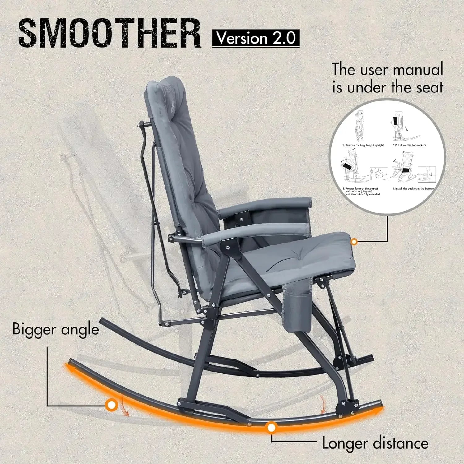 Folding Rocking Chair Indoor and Outdoor Thick Padded Recliner Portable Camping Rocker for Patio Front Porch Grey - Wild Paw Outdoors