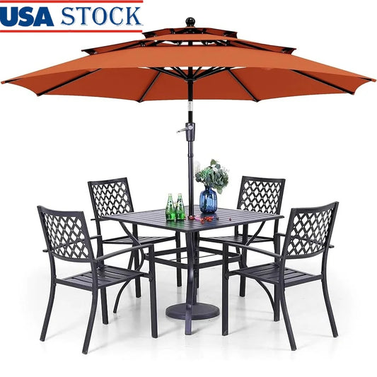 Outdoor Dining Set 6 Pieces with 10 Foot Canopy Umbrella Square Table and 4 Bistro Chairs Rustproof Weather Resistant Easy Assembly - Wild Paw Outdoors