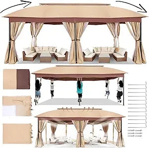 Gazebo 12x20 with Improved Cold Proof Curtains Heavy Duty Double Roof Winter Gazebo Clearance - Wild Paw Outdoors