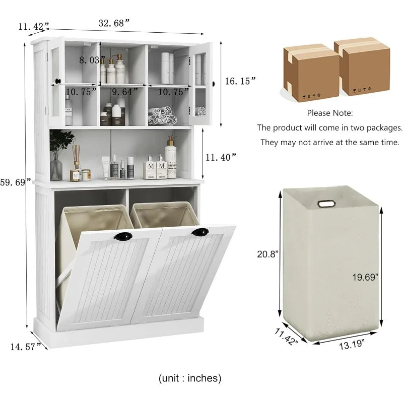 Double Doors Laundry Cabinet Hamper with Hidden Hamper and Glass Doors White 13 by 2 Gallons - Wild Paw Outdoors