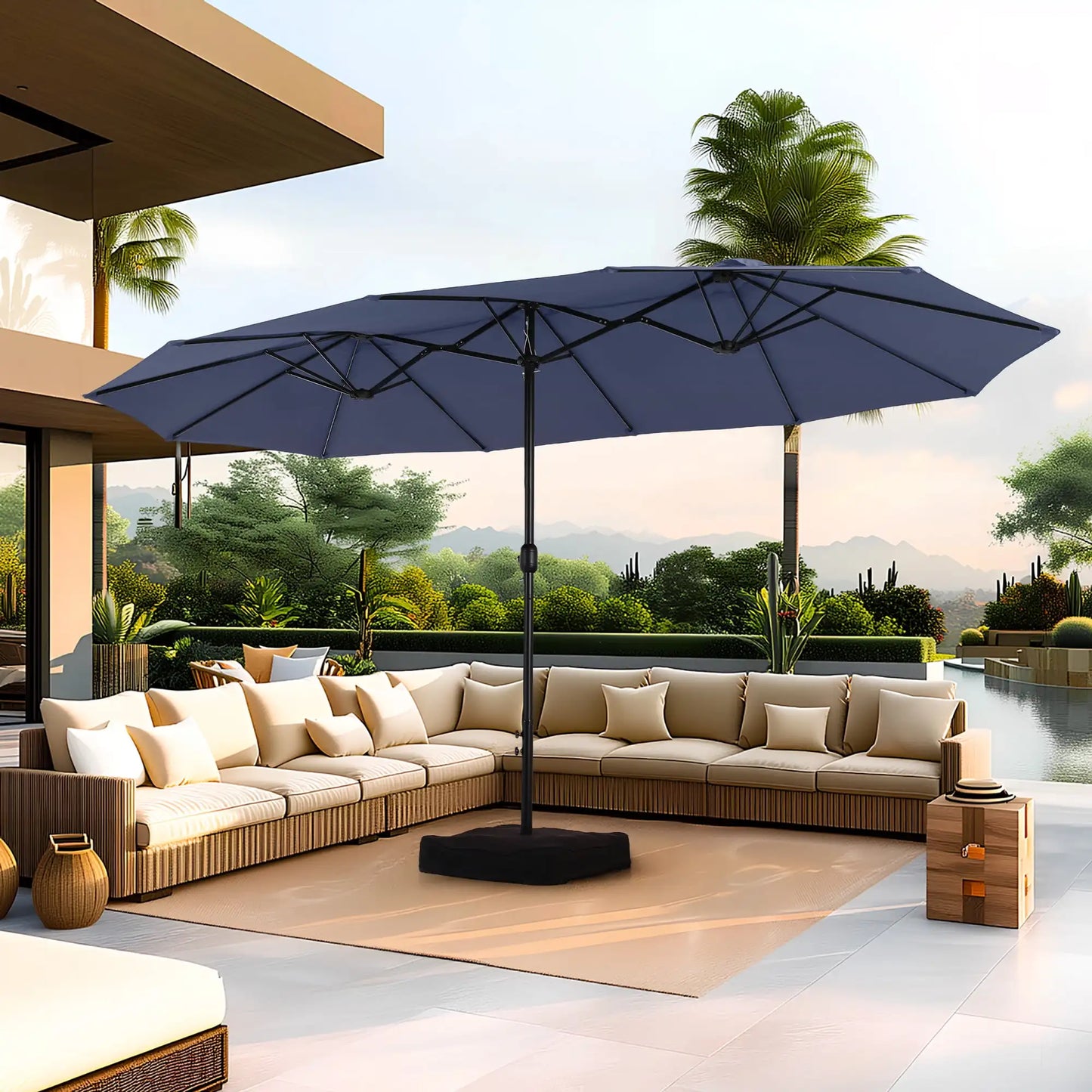 15 Ft Large Patio Umbrella with Base Double Sided Rectangular Outdoor Deck Umbrella Beige - Wild Paw Outdoors