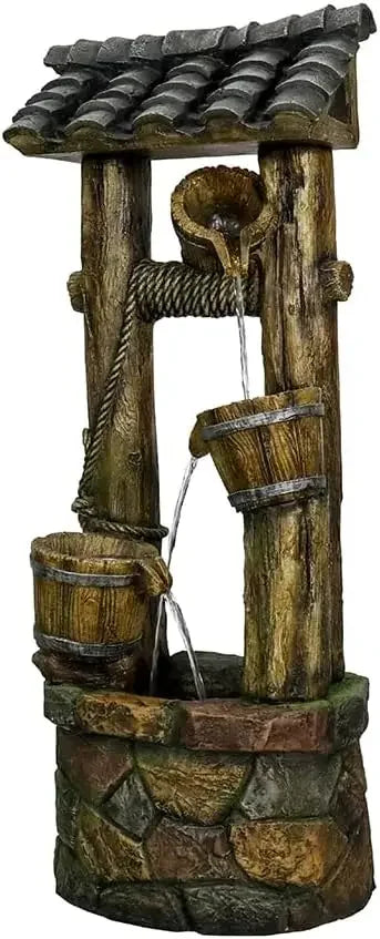 Wishing Well Water Fountain 39.3 Inches Rustic Outdoor Water Fountain with Buckets Durable Cascading Fountain - Wild Paw Outdoors