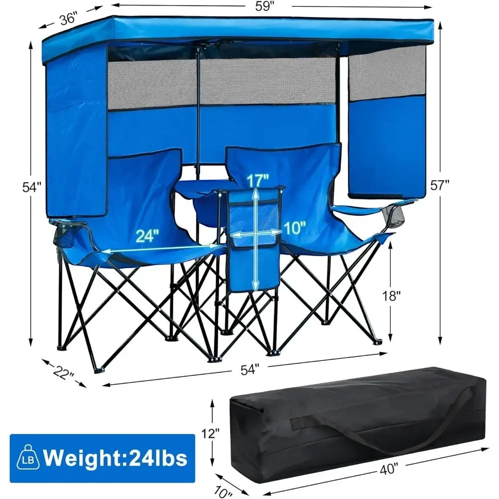Double Camping Chair With Canopy Shade Beach Chairs With Cup Holder Heavy Duty Folding for Outside Lawn Patio Chaise De Plage - Wild Paw Outdoors