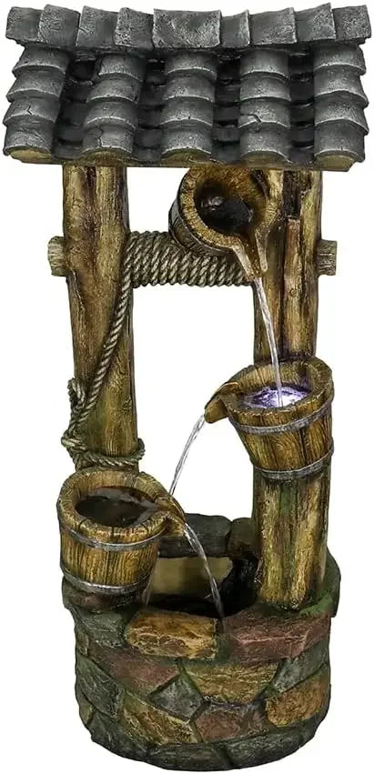 Wishing Well Water Fountain 39.3 Inches Rustic Outdoor Water Fountain with Buckets Durable Cascading Fountain - Wild Paw Outdoors
