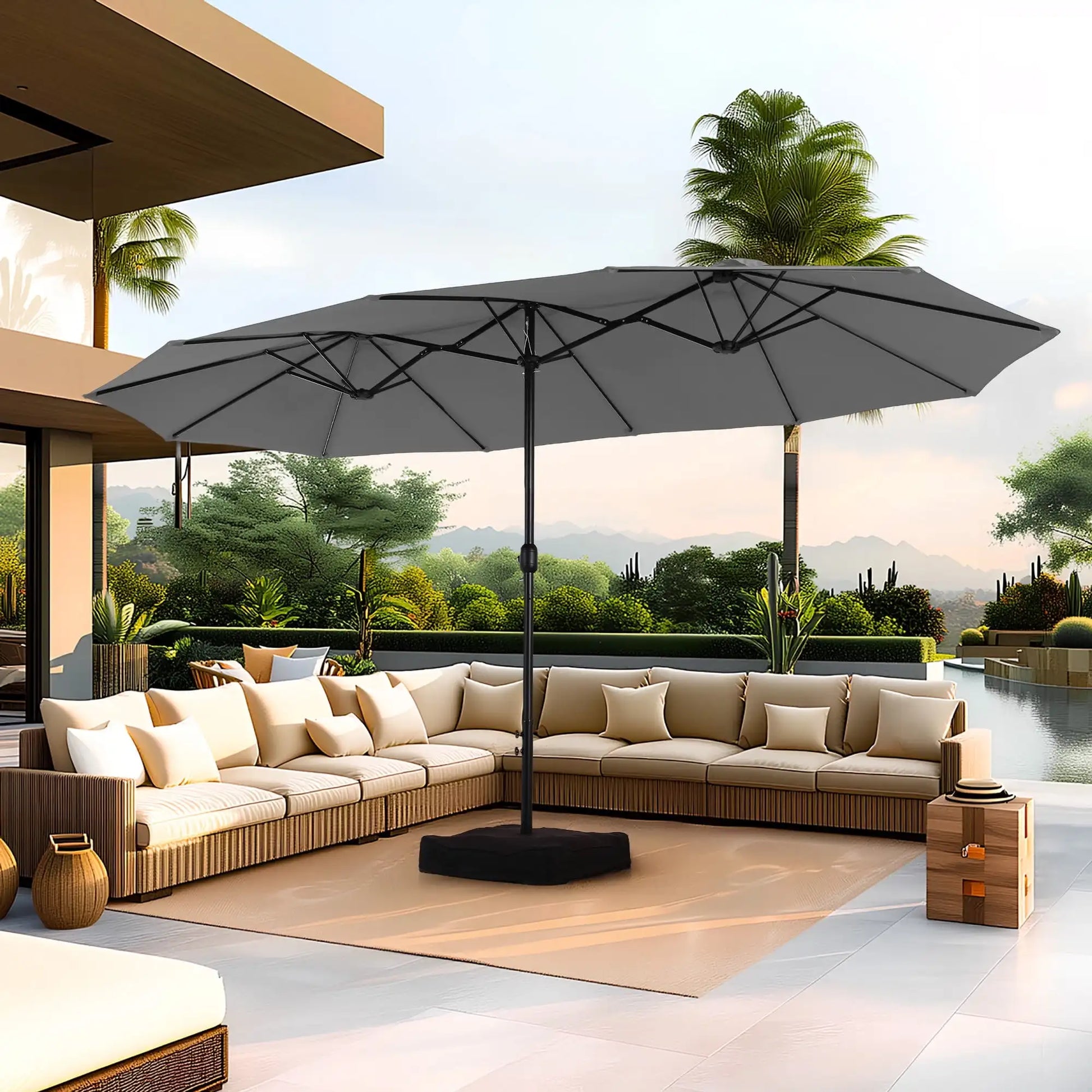 15 Ft Large Patio Umbrella with Base Double Sided Rectangular Outdoor Deck Umbrella Beige - Wild Paw Outdoors
