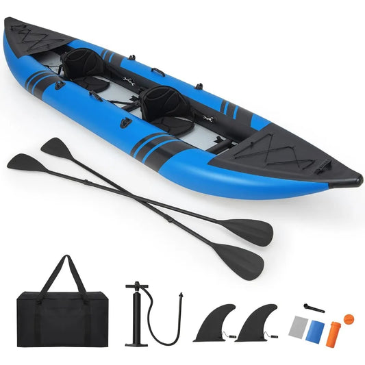 Inflatable Kayak for 2 People with 507 Pounds Capacity Drop-Stitch Floor All Accessories and Carry Bag 12.5 Feet Large Sit - Wild Paw Outdoors