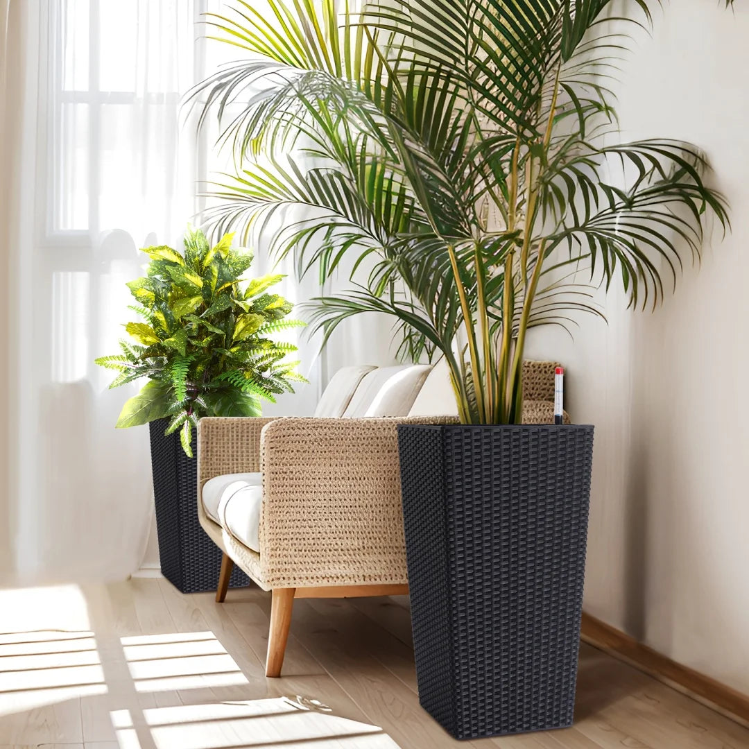 Set of 2 Rattan Style Planters 30 Inch Self Watering Flower Pots with Drainage Holes Water Level Monitor and Inner Bucket Indoor Outdoor - Wild Paw Outdoors