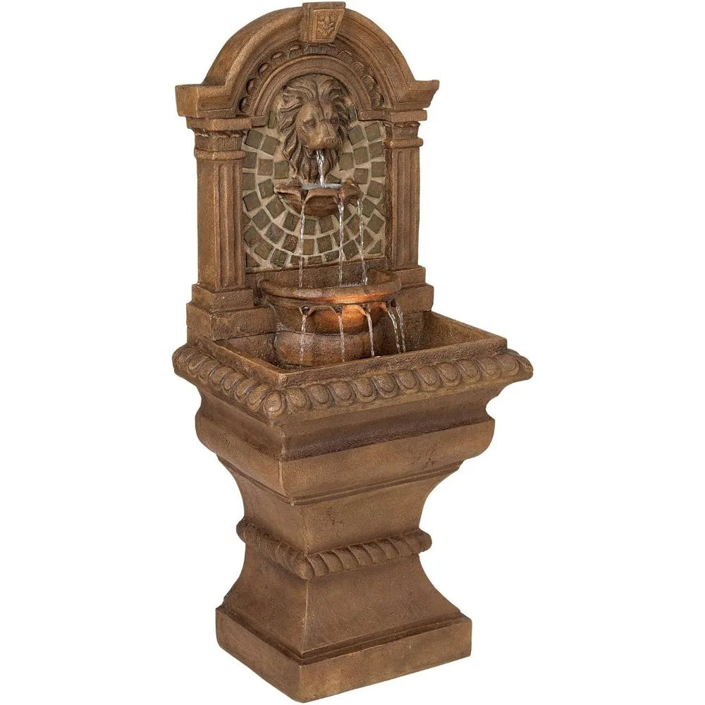 51 Inch High LED Light Floor Fountain Royal Lion Head Outdoor 3 Story Garden Courtyard Backyard Fountain - Wild Paw Outdoors