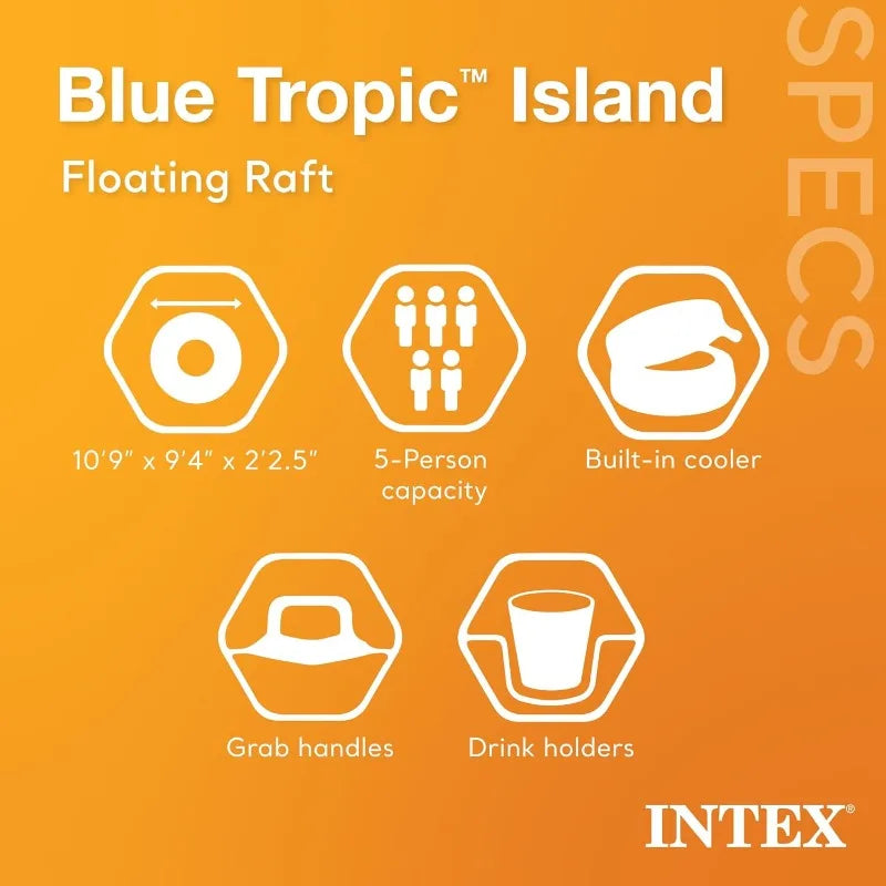Intex Blue Tropic Inflatable 5 Person Raft Swimming Pool Island Water Lounger with Backrests and Built in Cooler - Wild Paw Outdoors