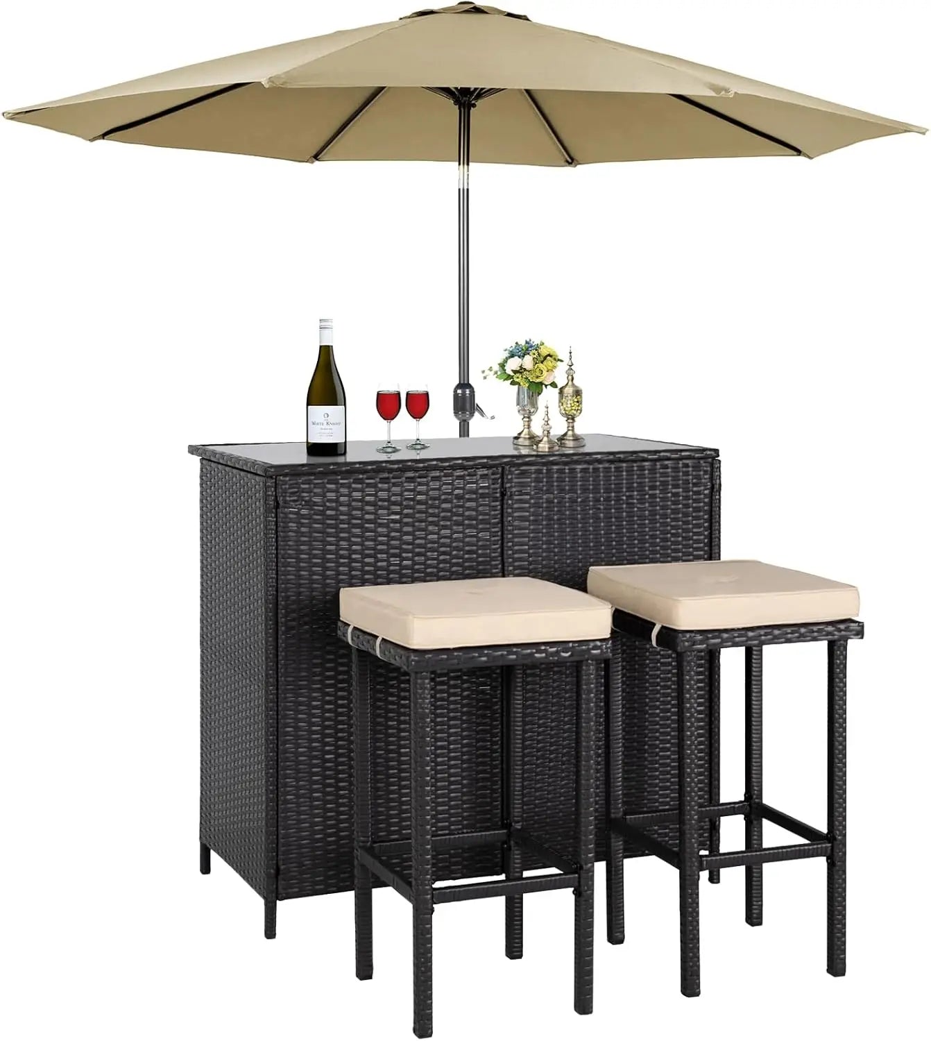 3 Piece Wicker Patio Outdoor Bar Set with 2 Stools and 1 Glass Top Table for Deck Lawn and Backyard - Wild Paw Outdoors
