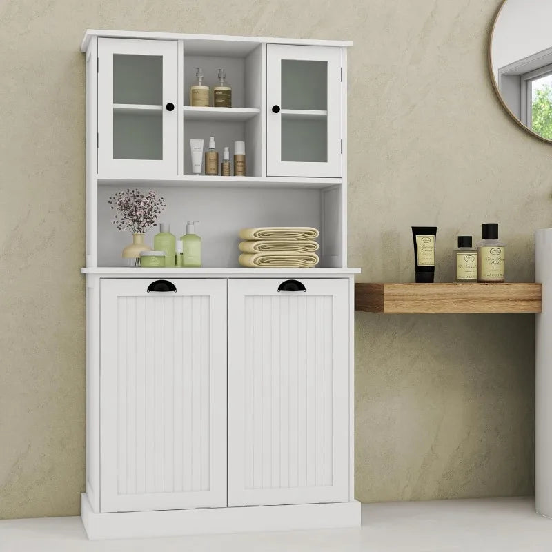 Double Doors Laundry Cabinet Hamper with Hidden Hamper and Glass Doors White 13 by 2 Gallons - Wild Paw Outdoors