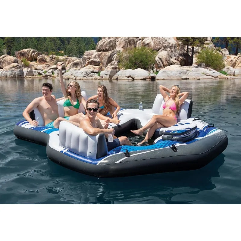 Intex Blue Tropic Inflatable 5 Person Raft Swimming Pool Island Water Lounger with Backrests and Built in Cooler - Wild Paw Outdoors