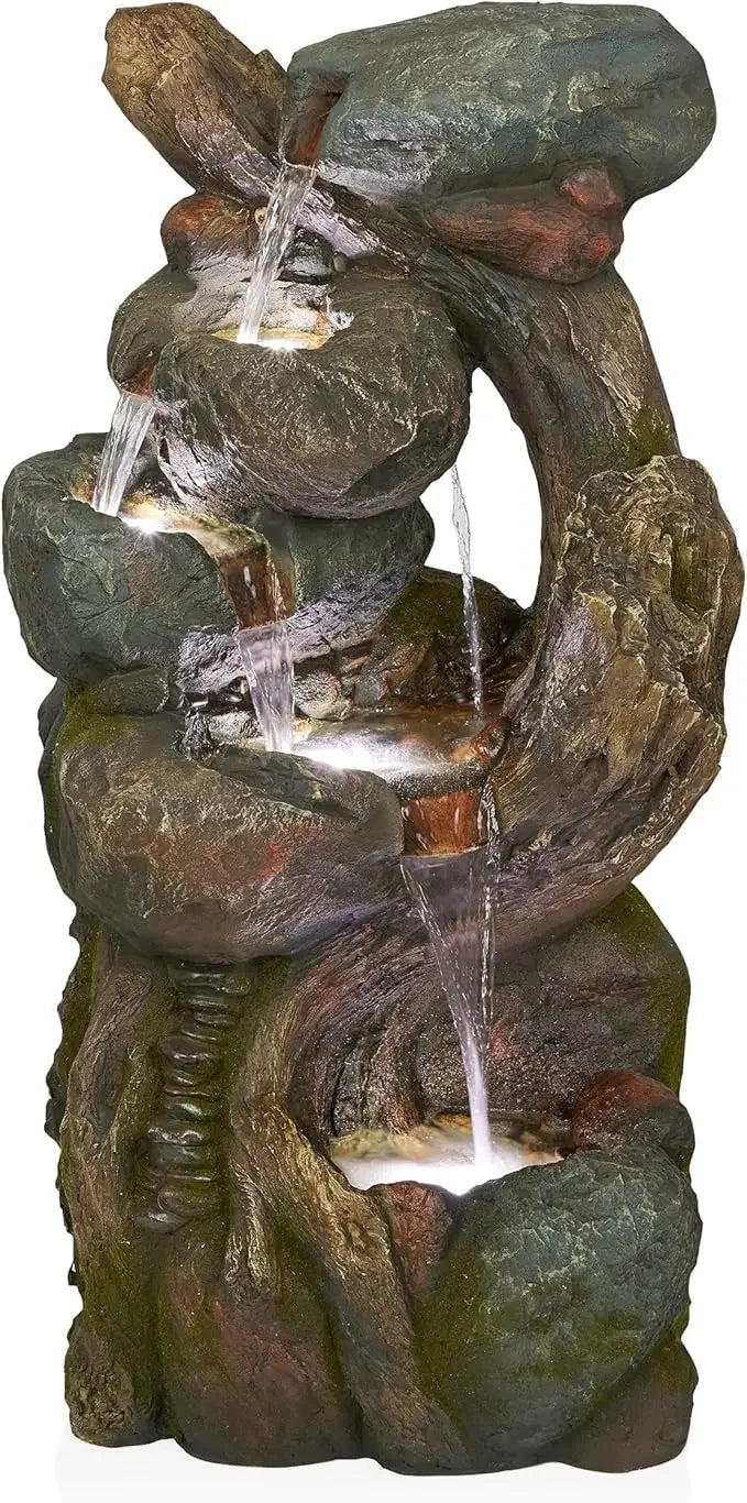 51 Inch Outdoor Six Story Fountain with LED Lights and Natural Stone Appearance for Gardens and Rock Waterfall Fountains - Wild Paw Outdoors