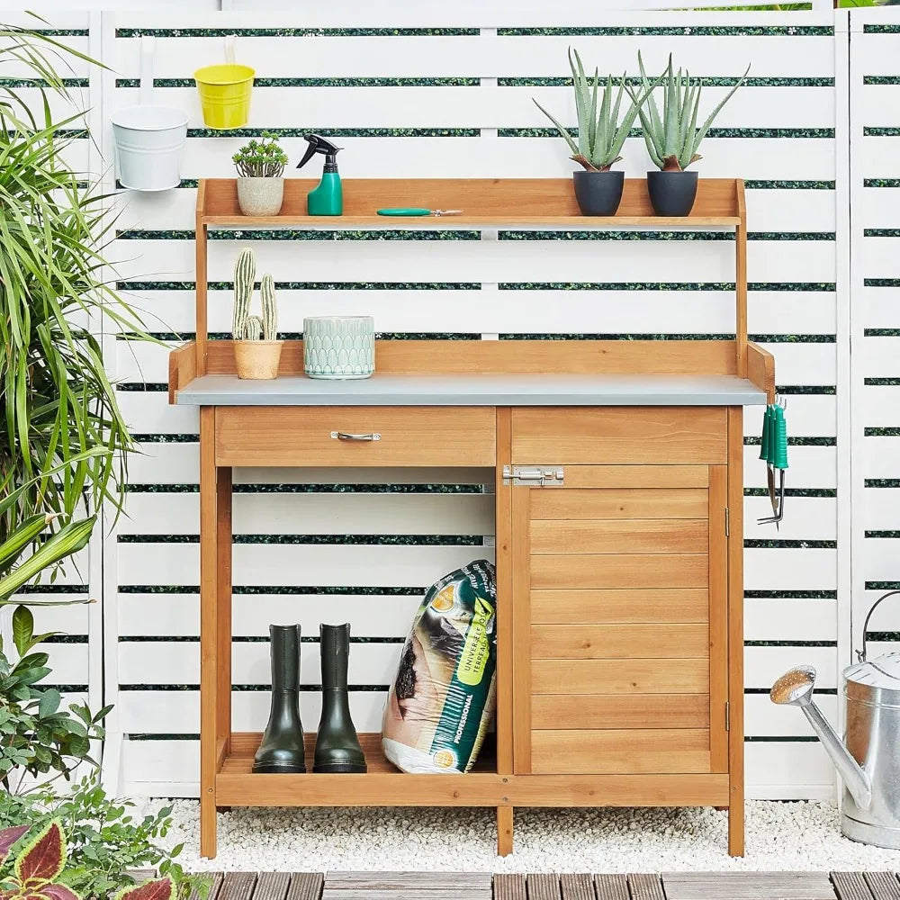 Outdoor Potting Bench Table Work Station Garden Planting Table with Cabinet Drawer Top Shelf and Lower Shelf - Wild Paw Outdoors
