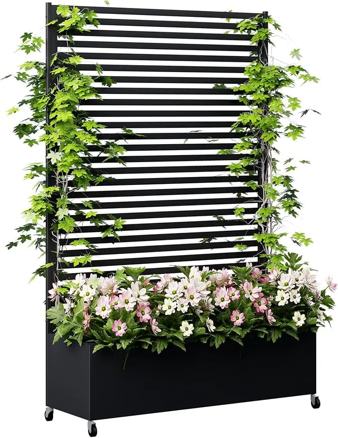 Metal Planter Box with Trellis Privacy Screen Raised Garden Bed with Wheels Modern Outdoor Planters for Patio - Wild Paw Outdoors