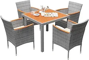 Outdoor Patio Dining Set 9 Pieces Wicker Dining Table and Chairs with Acacia Wood Top and Widened Armrests - Wild Paw Outdoors