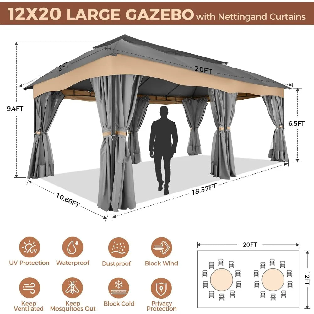 Gazebo 12x20 with Improved Cold Proof Curtains Heavy Duty Double Roof Winter Gazebo Clearance - Wild Paw Outdoors
