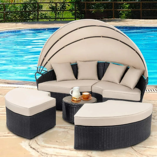 Patio Furniture Round Daybed with Retractable Canopy Outdoor Wicker Rattan Sectional Sofa Set Garden Furniture Sets - Wild Paw Outdoors