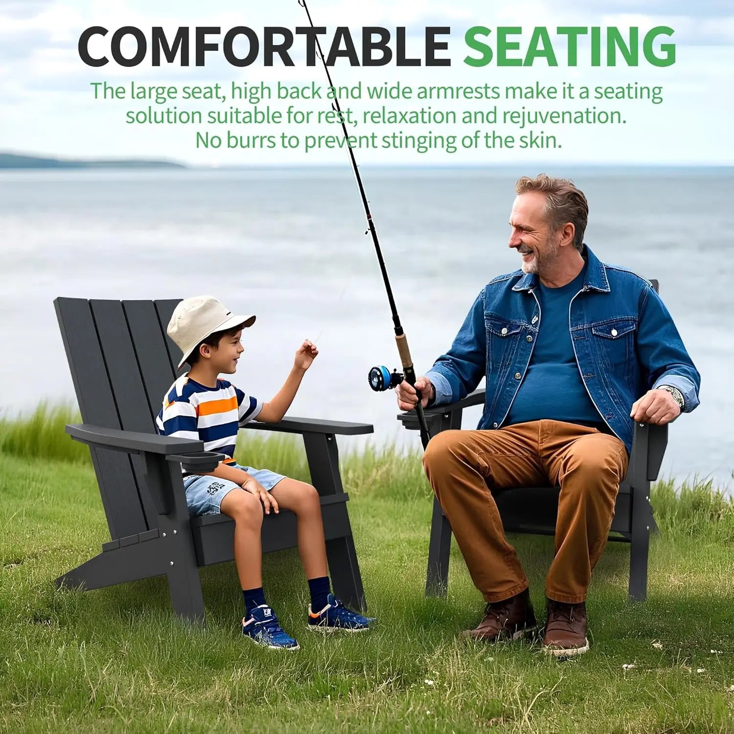 Adirondack Chair Outdoor Weather Resistant Black Oversized HDPE Chair for Patio Lawn Garden Camping Easy Installation - Wild Paw Outdoors