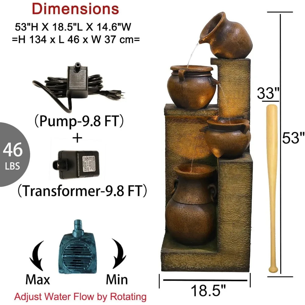 53 Inch Tall Large Outdoor Fountain with Lights 4 Storey Waterfall Fountain Standalone Outdoor Water Feature - Wild Paw Outdoors