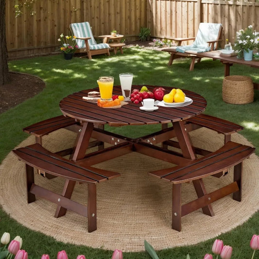 8 Person Wood Picnic Table Outdoor Round Picnic Table with 4 Built-in Benches Umbrella Hole Outside Table and Bench Set - Wild Paw Outdoors
