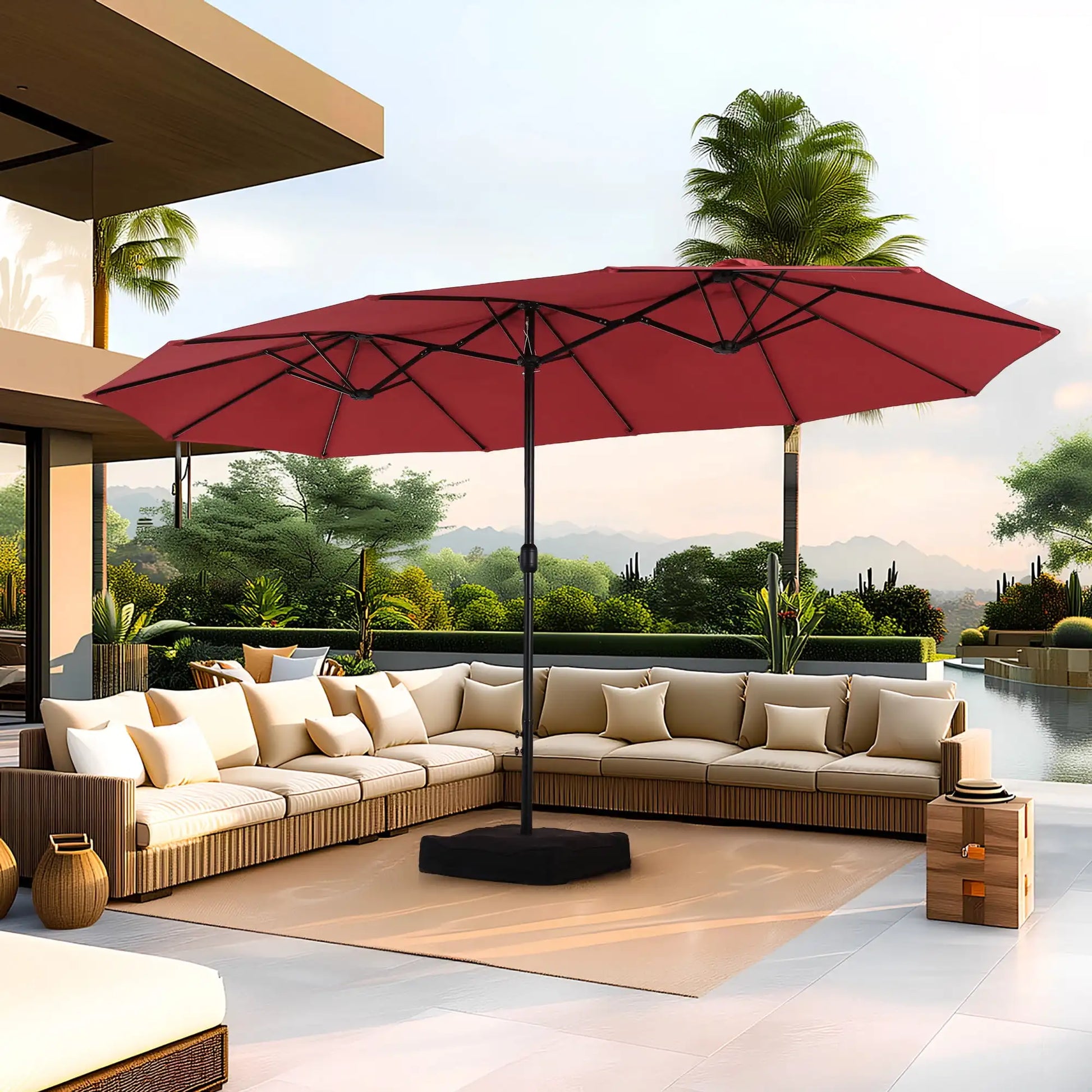 15 Ft Large Patio Umbrella with Base Double Sided Rectangular Outdoor Deck Umbrella Beige - Wild Paw Outdoors
