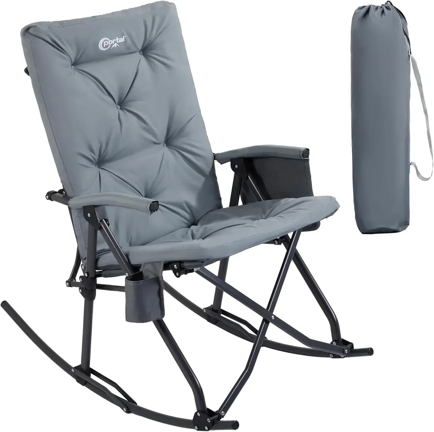 Folding Rocking Chair Indoor and Outdoor Thick Padded Recliner Portable Camping Rocker for Patio Front Porch Grey - Wild Paw Outdoors