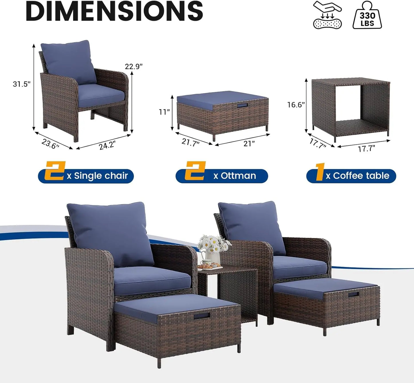 Balcony Furniture Patio Chairs with Hidden Ottoman Five Piece Set with Side Table for Front Porch Blue Cushion - Wild Paw Outdoors