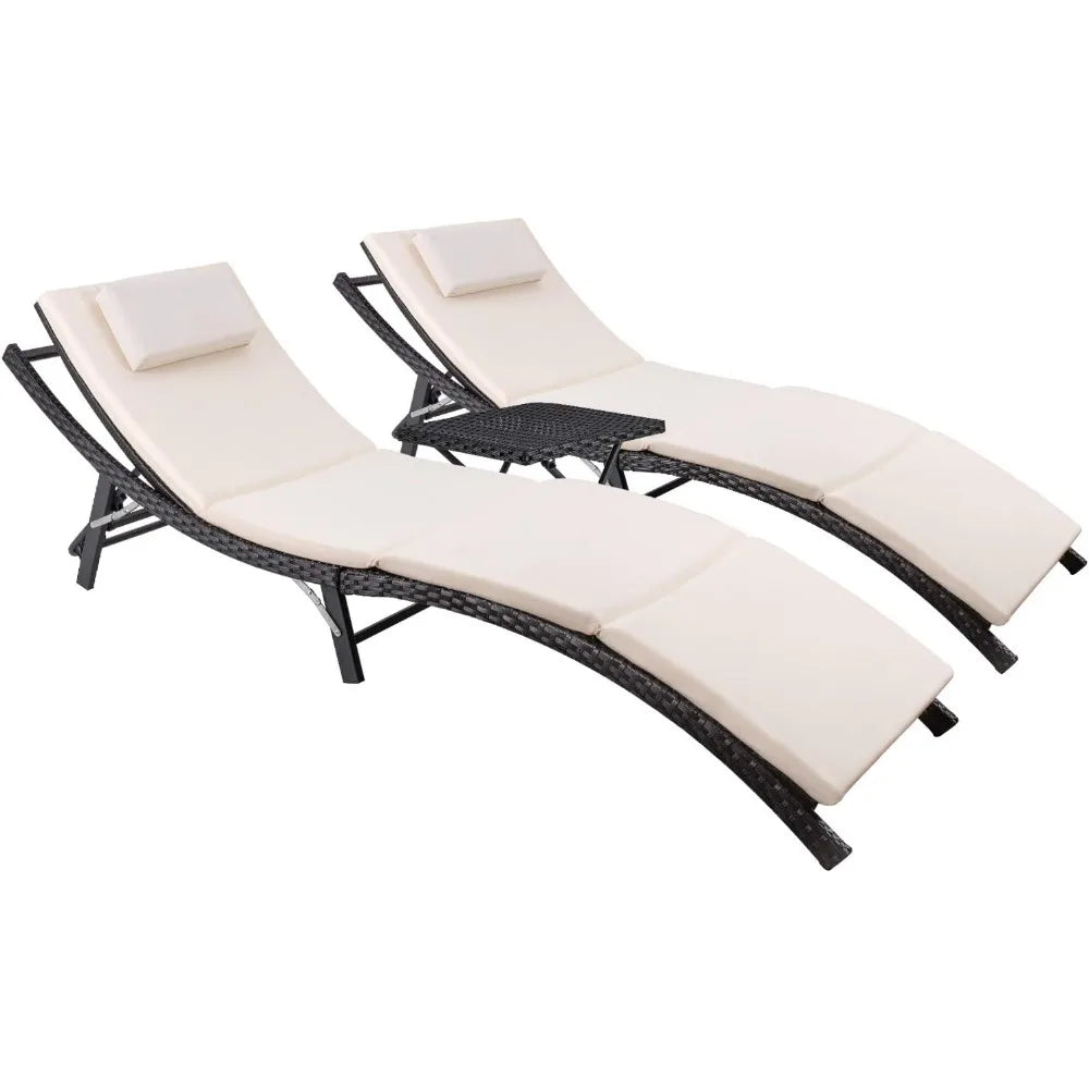 Patio Chaise Lounge Set Outdoor Rattan Adjustable Back Cushioned Folding Lounger with Table - Wild Paw Outdoors