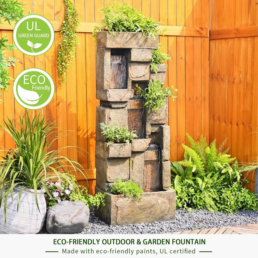 56.3 Inch High Garden Fountain with LED Lights and Water Pump Three Layer Rock Fountain for Home and Garden Decoration - Wild Paw Outdoors