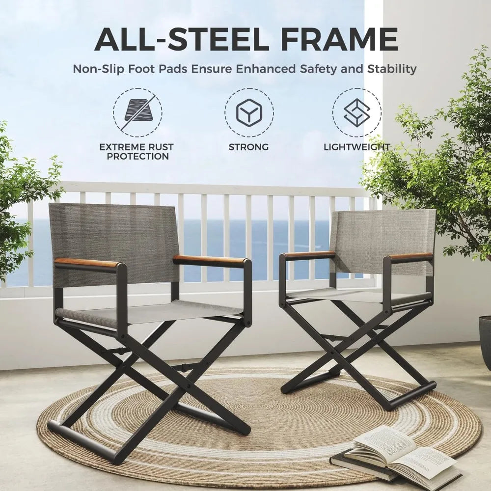 Extra Wide 2 Pack Directors Chairs Folding Dining Chair Set with Sling Woodgrain Armrests Outdoor - Wild Paw Outdoors