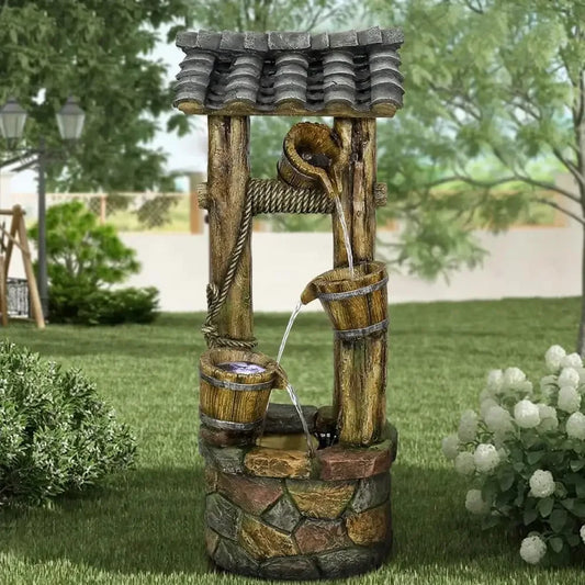 Wishing Well Water Fountain 39.3 Inches Rustic Outdoor Water Fountain with Buckets Durable Cascading Fountain - Wild Paw Outdoors