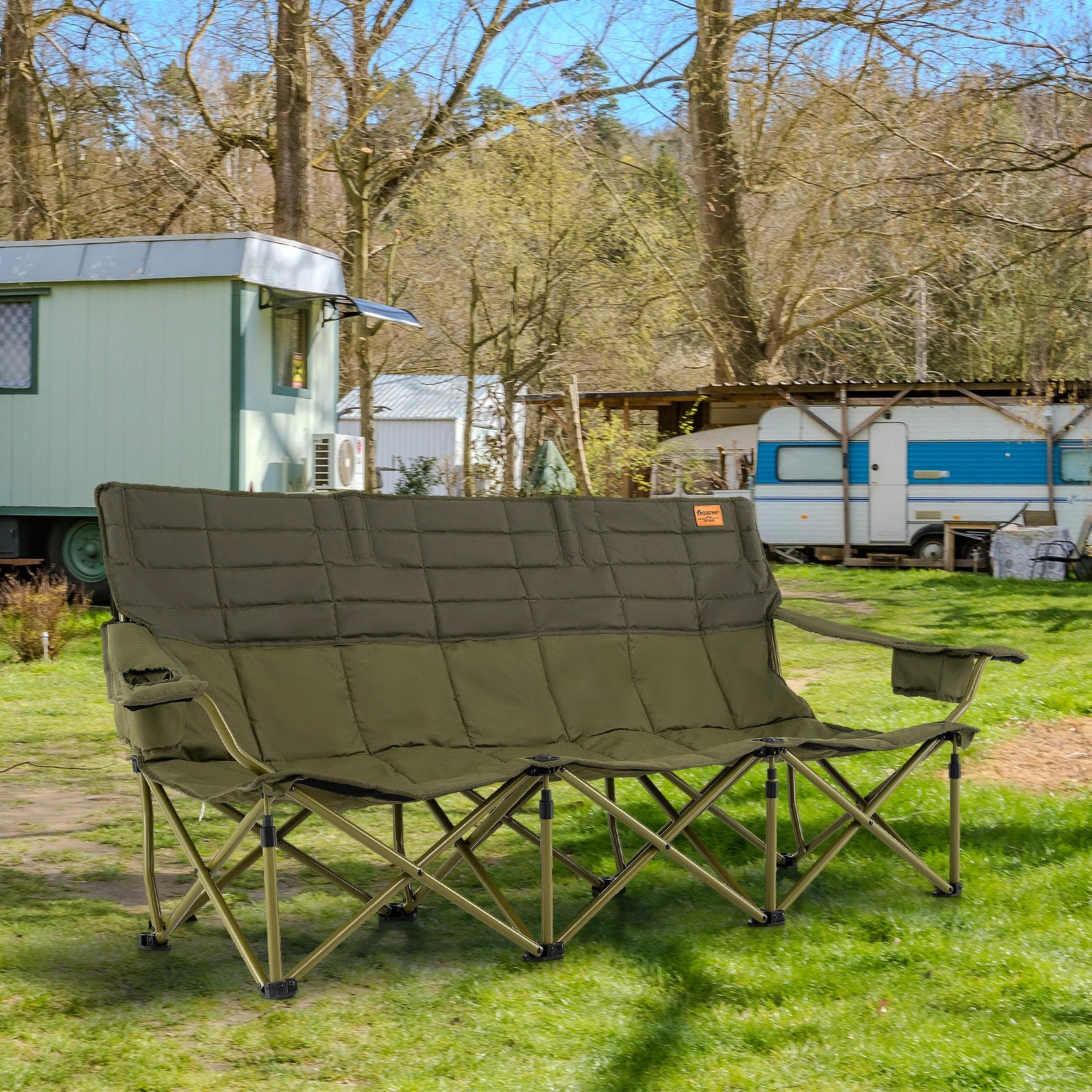 3 Person Folding Camping Chair Heavy-Duty Camp Couch with 2 Cup Holders Padding - Wild Paw Outdoors